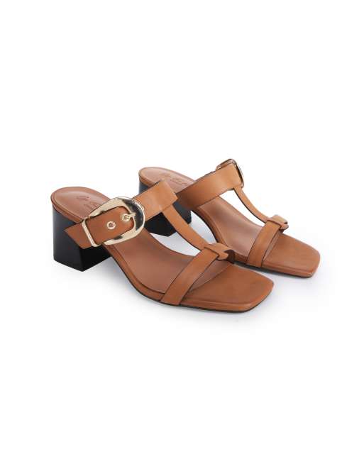Off The Hook Kelsie leather t-strap buckle block heel mule sandals in tan, 2 of 4