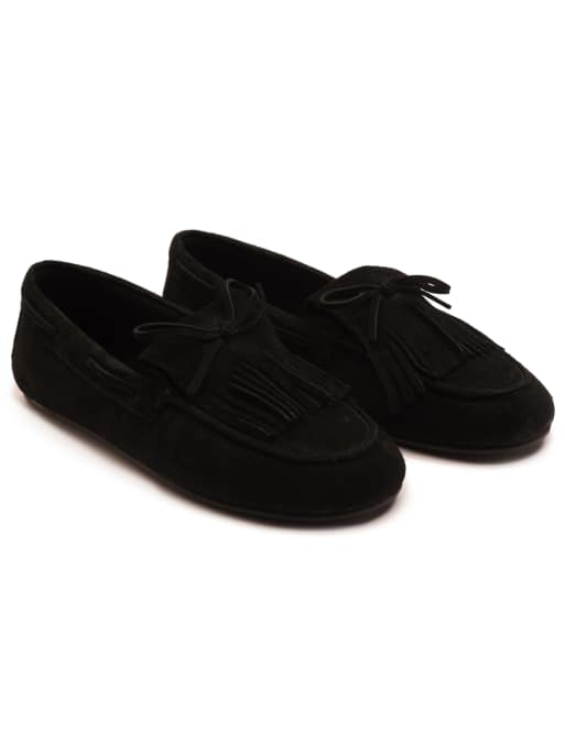 Off The Hook Kennet suede fringe moccasin loafers in black, 2 of 4
