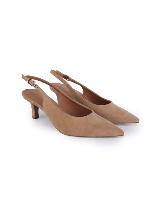 Off The Hook Kylie suede pointed toe slingback flare heel pumps in beige, 2 of 4