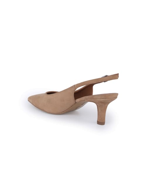Off The Hook Kylie suede pointed toe slingback flare heel pumps in beige, 3 of 4