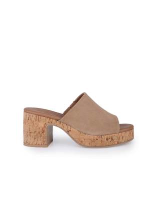  Leigh suede leather platform cork block heel mules in beige