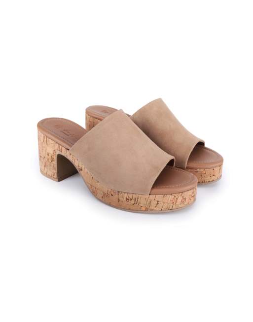 Off The Hook Leigh suede leather platform cork block heel mules in beige, 2 of 4