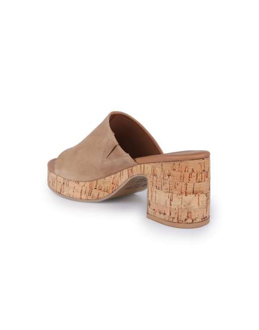 Off The Hook Leigh suede leather platform cork block heel mules in beige, 3 of 4