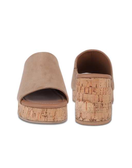 Off The Hook Leigh suede leather platform cork block heel mules in beige, 4 of 4