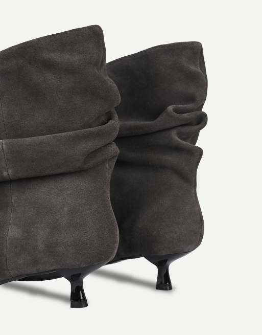 Off The Hook Lottie slouch kitten heel boots in dark grey suede, 3 of 6
