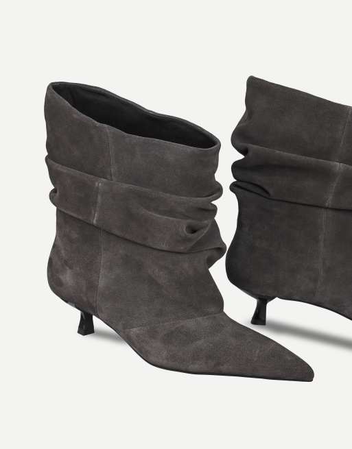 Off The Hook Lottie slouch kitten heel boots in dark grey suede, 4 of 6