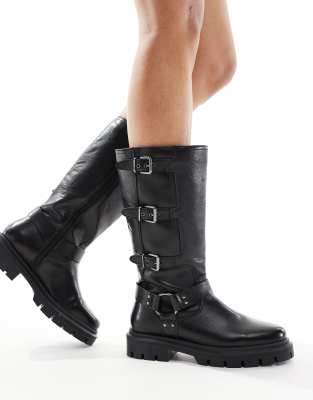  'MAULEY' lotus high-ankle anti slip heel leather mid calf boots  