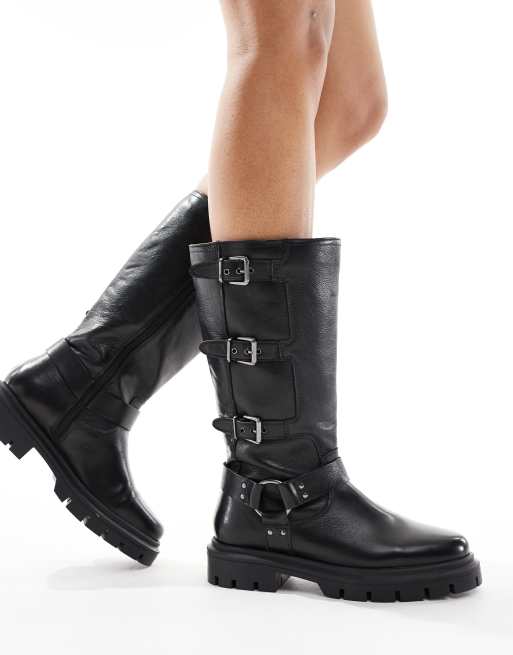 OFF THE HOOK MAULEY lotus high ankle anti slip heel leather mid calf boots in black ASOS