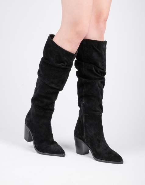Off The Hook Muswell suede leather slouchy knee-high block heel boots in black - view 1