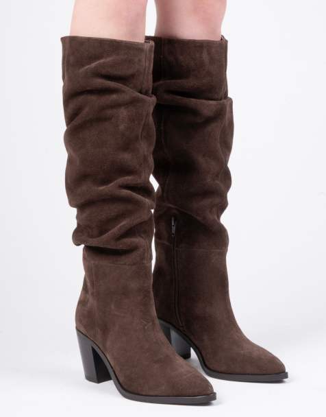 Off The Hook Muswell suede leather slouchy knee-high block heel boots in brown - view 1