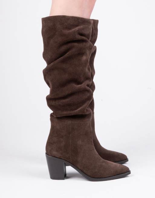 Off The Hook Muswell suede leather slouchy knee-high block heel boots in brown, 2 of 4