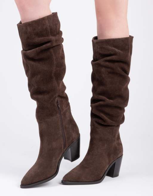Off The Hook Muswell suede leather slouchy knee-high block heel boots in brown, 4 of 4