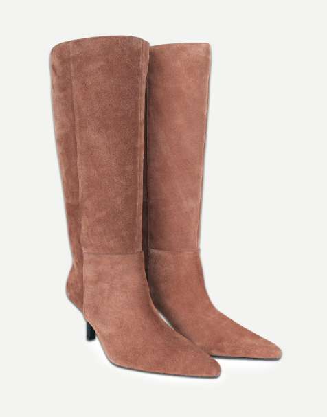 Off The Hook Rhea suede stiletto heel knee high boots in cognac suede - view 1