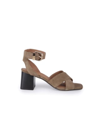  Ruby suede leather cross strap block heel sandals in olive