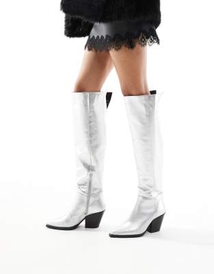 Off The Hook 'scores' marcia block heel high-knee leather boots in silver