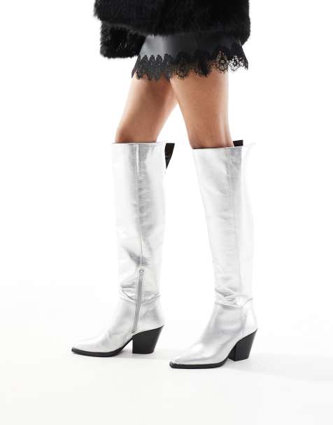 OFF THE HOOK 'SCORES' marcia block heel high-knee leather boots in silver  - view 1