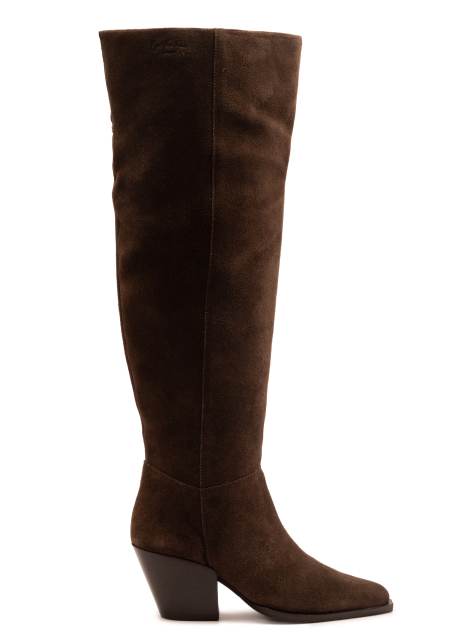 Off The Hook Scores suede leather over-the-knee block heel boots with side zip in brown - view 1