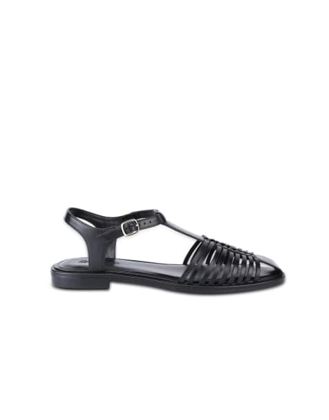 Off The Hook Sylvia leather woven t-strap sandals with buckle closure in black - view 1