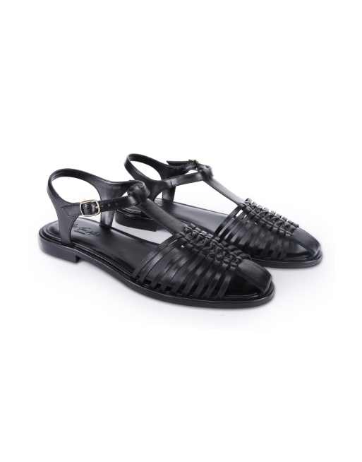 Off The Hook Sylvia leather woven t-strap sandals with buckle closure in black, 2 of 4