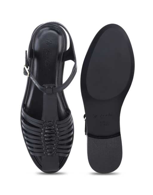 Off The Hook Sylvia leather woven t-strap sandals with buckle closure in black, 3 of 4