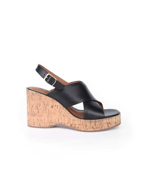 Off The Hook Tara leather cross strap cork wedge sandals in black - view 1