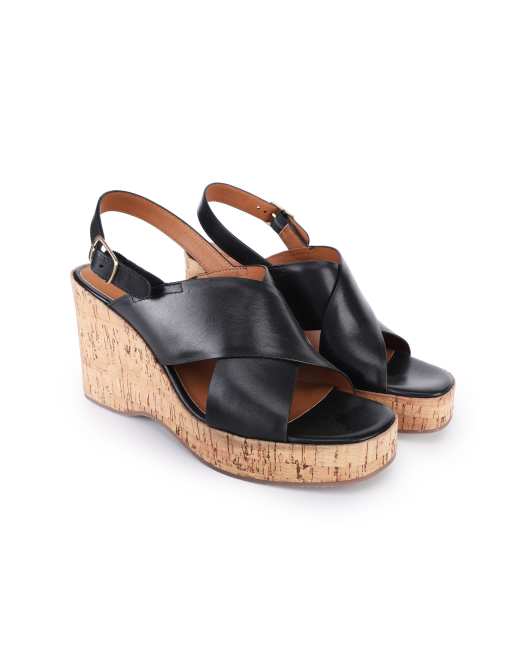 Off The Hook Tara leather cross strap cork wedge sandals in black, 2 of 4