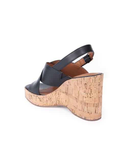 Off The Hook Tara leather cross strap cork wedge sandals in black, 4 of 4