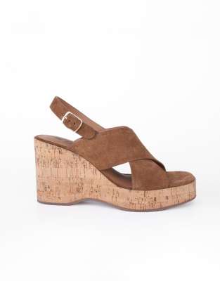  Tara leather cross strap cork wedge sandals in cognac
