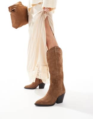 Off The Hook - „Texas" - Kniehohe Cowboystiefel aus Wildleder in Cognac mit Blockabsatz-Braun