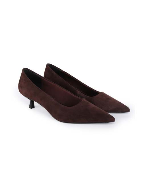 Off The Hook Tilly suede pointed toe kitten heel court shoes in dark brown, 2 of 4
