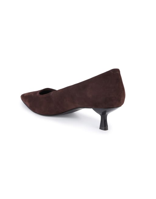 Off The Hook Tilly suede pointed toe kitten heel court shoes in dark brown, 3 of 4