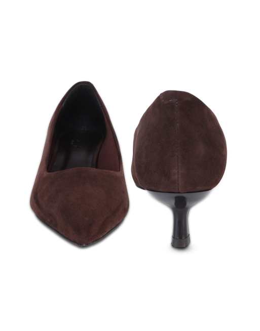 Off The Hook Tilly suede pointed toe kitten heel court shoes in dark brown, 4 of 4