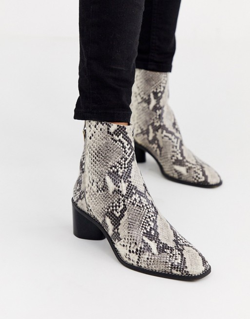 Office Achillies inlined leather mid heel ankle boot in snake