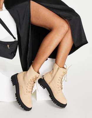 Beige Chunky Lace-Up Ankle Boots: Clarissa