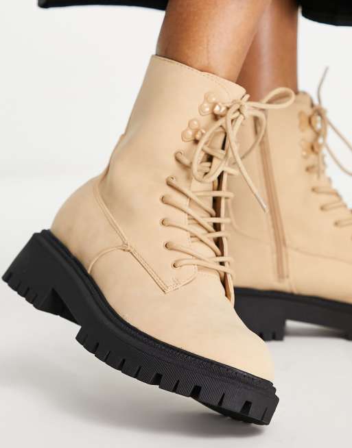 Beige Chunky Lace-Up Ankle Boots: Clarissa