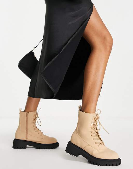 Beige Chunky Lace-Up Ankle Boots: Clarissa