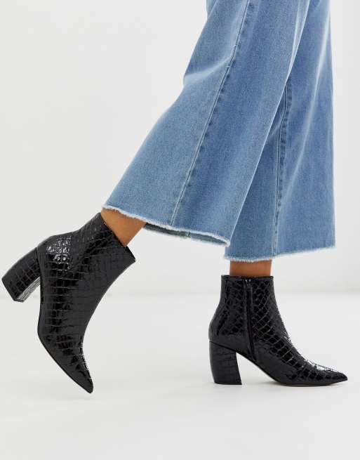 black croc pointed ankle boots