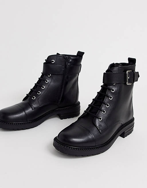 Office Alpaca black leather lace up flat hiker boots