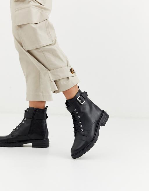 Office Alpaca black leather lace up flat hiker boots ASOS