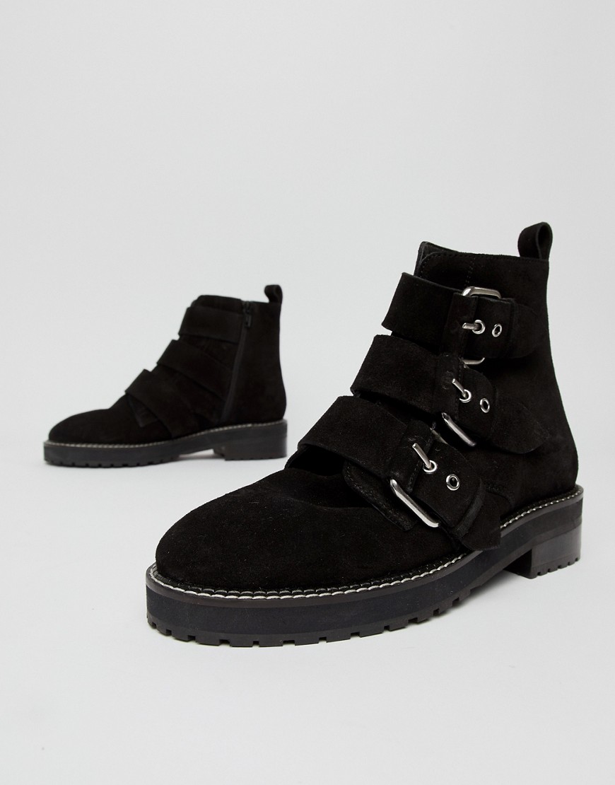 Office Artillery chunky black suede three buckle boots