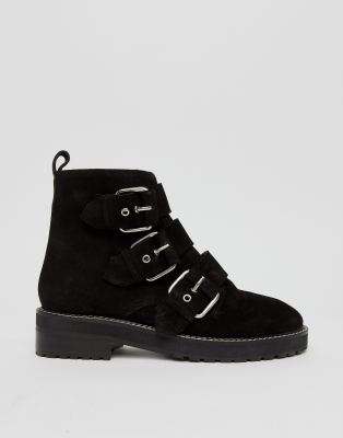 office artillery chunky black suede three buckle boots