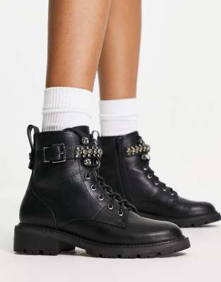 Office Astonish embellished strap lace up ankle boots in black