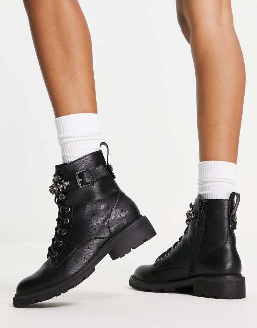 Office Astonish embellished strap lace up ankle boots in black ASOS