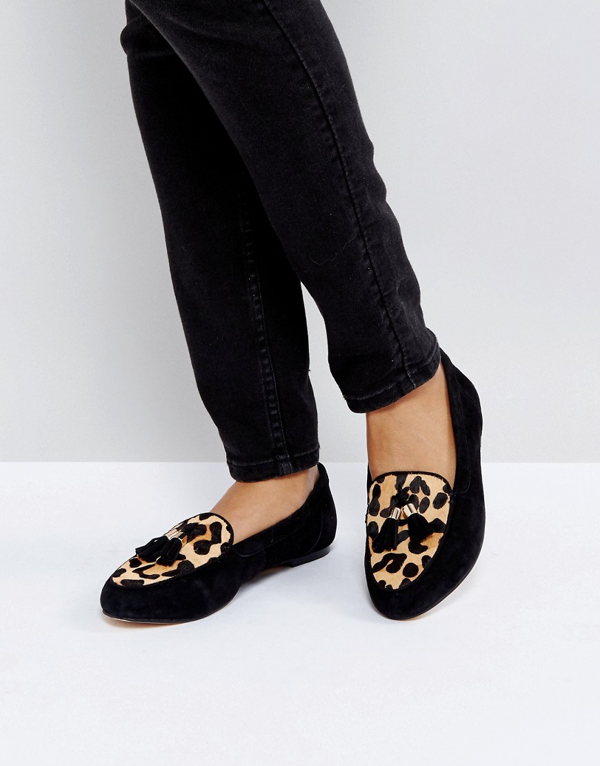 Office Fedora Leopard Print Flat Suede Shoes-Black
