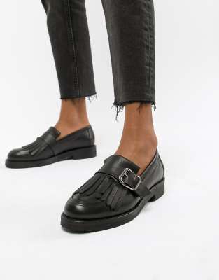 Office Fisher chunky black leather fringed buckle loafers