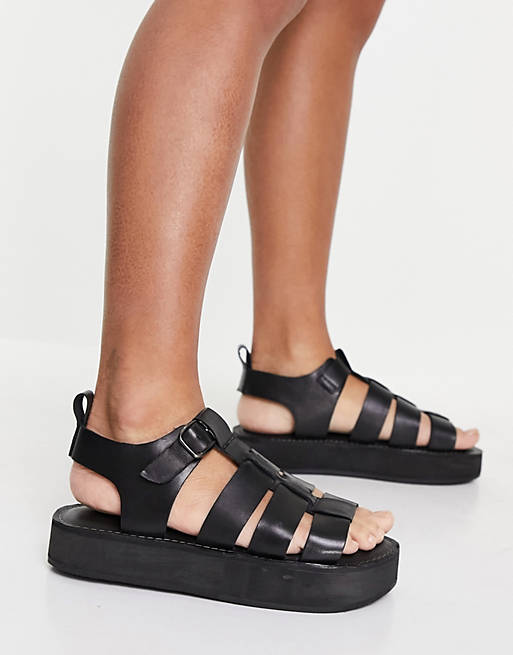 Office Fisherman leather chunky sandals in black