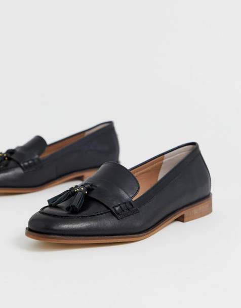 Office – Fiza – Flache Loafer aus schwarzem Leder mit Fransen
