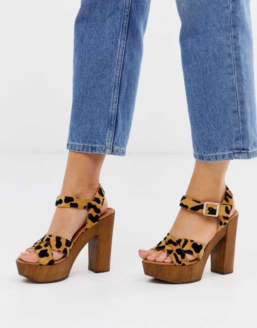 Office Hawaiian leopard pony wooden platform heeled sandals ASOS