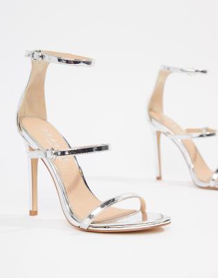 three strap silver heels