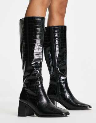 Office Kabul block heel knee boots in black croc PU - ASOS Price Checker